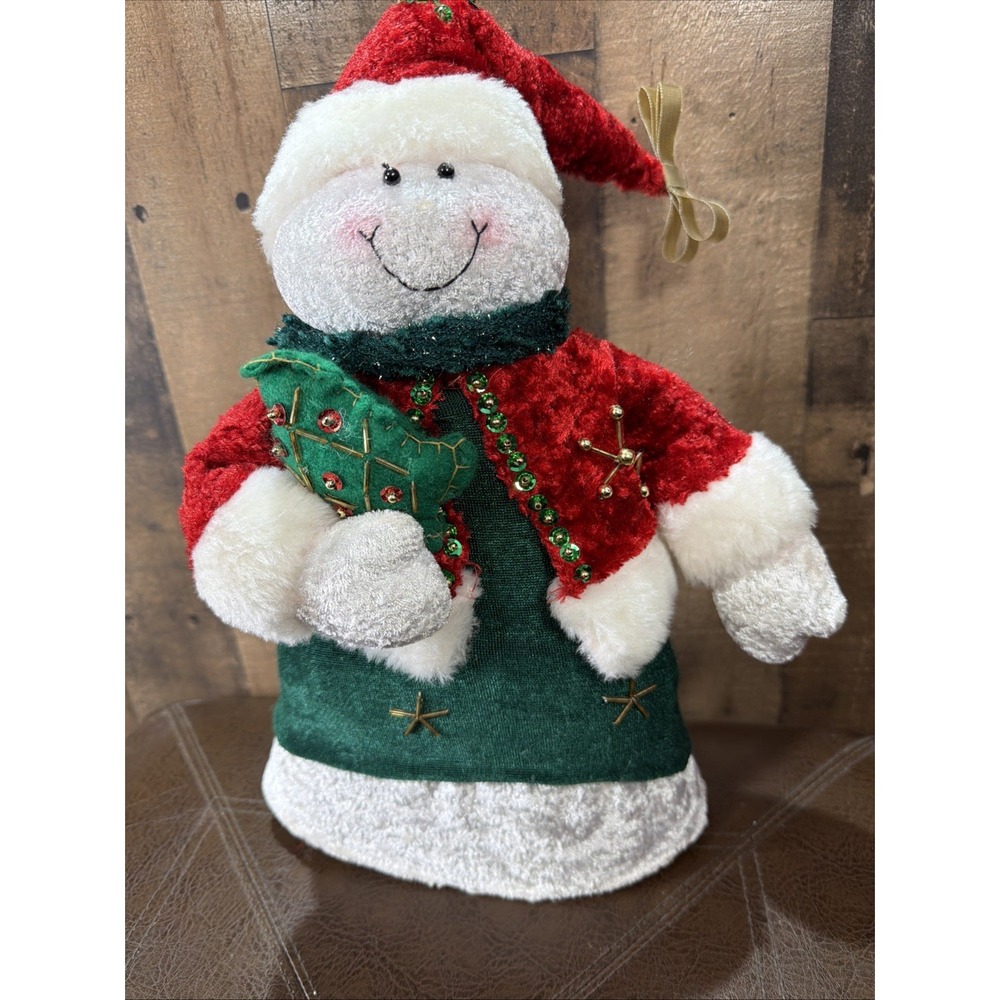 Christmas Plush Snowman Tree Topper Table Decor 13" Green Dress Red Hat Vintage